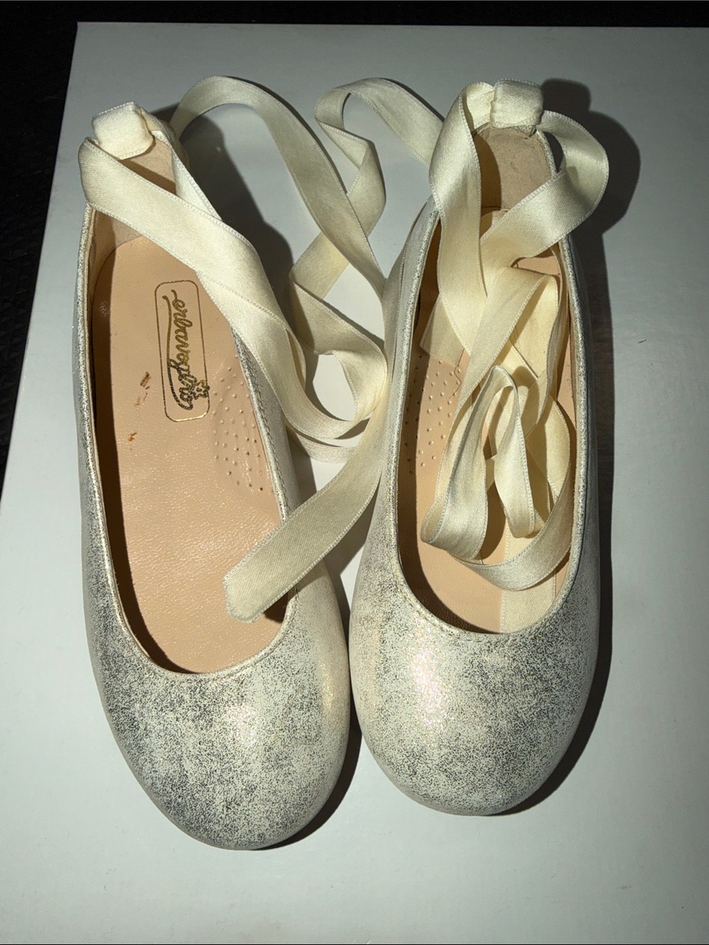 Girls' Ivory Metallic Ballet Flats with Ribbon Tie